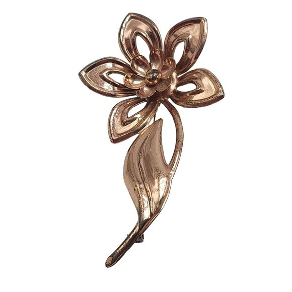 Sterling Silver Vermeil Large Flower Leaf Brooch Pin Rose Gold Tone Vintage - Picture 3 of 6